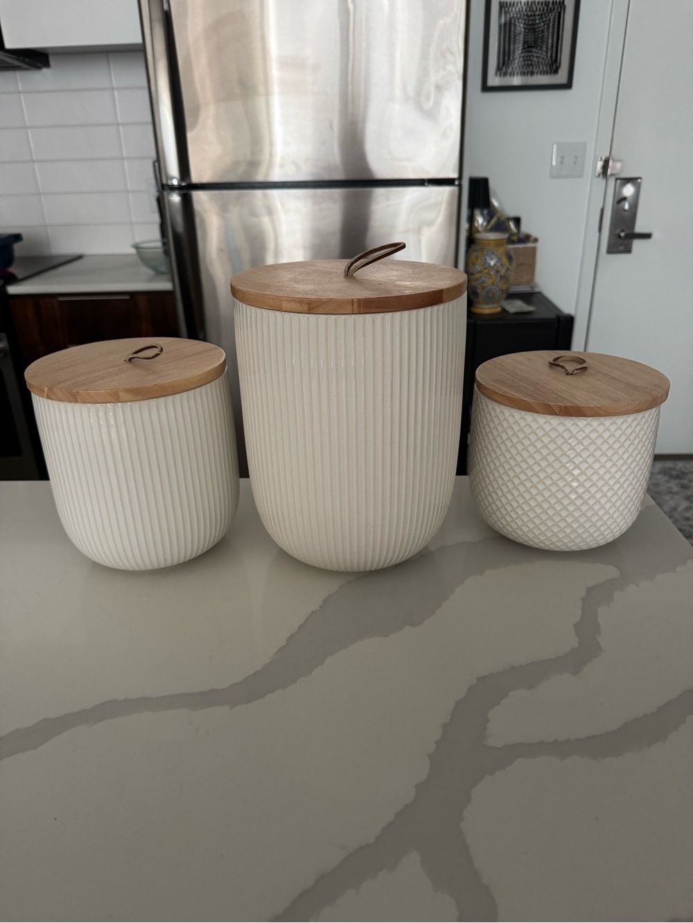 West Elm Neutral White Ceramic Kitchen Canister Set with Wooden Lids